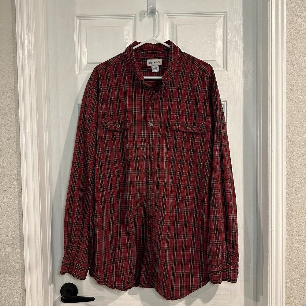 Carhartt Shirt Mens Red Plaid Long Sleeve Button Down Relaxed Fit Cotton 2XLT